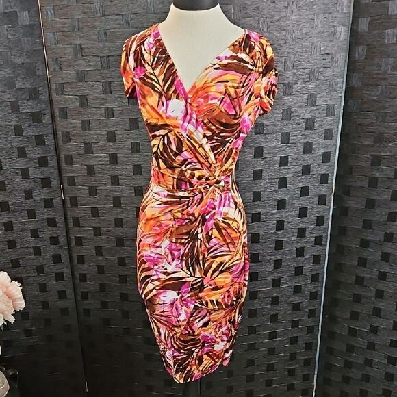 Cache Tropical Print Faux Wrap Tulip Hem Dress Size Small - Picture 2 of 15